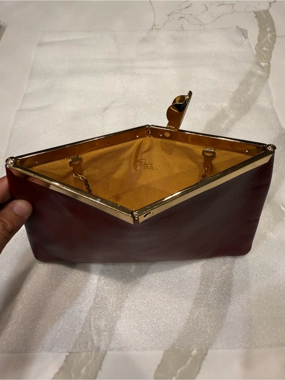 ETRA GENUINE LEATHER Vintage Luxury Women's Clutch Bag in Burgundy W/ Gold Trim